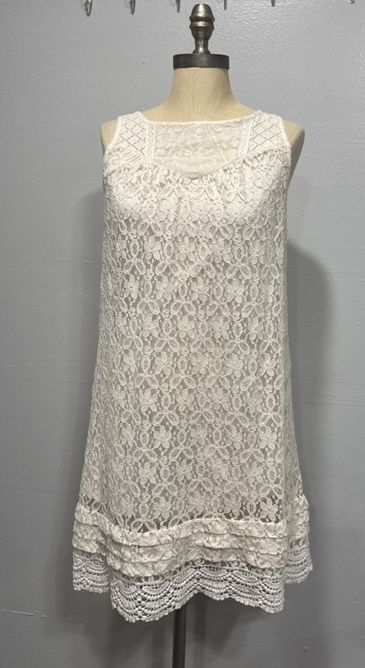 Rewind Womens Lace Boho Mini Dress M Cream Sleeveless Back Keyhole Beach Cottage